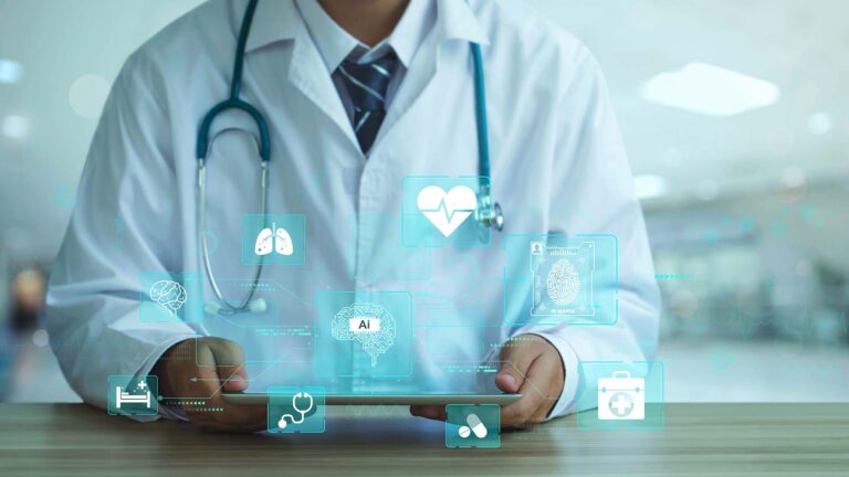 Doctor holding an iPad device with futuristic holograms of medical categories