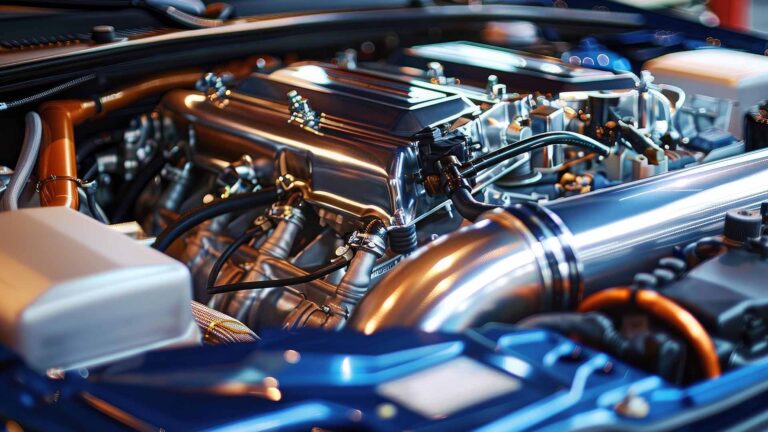 Close up of the engine of a blue car