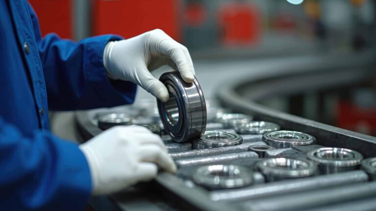 assembly line in bearing facility with worker wearing white gloves
