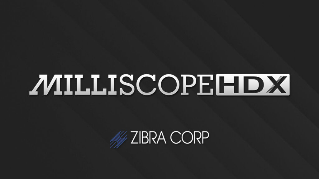 Charcoal textured background with the text "MILLISCOPE HDX" in the center and the text "ZIBRA CORP" below it.