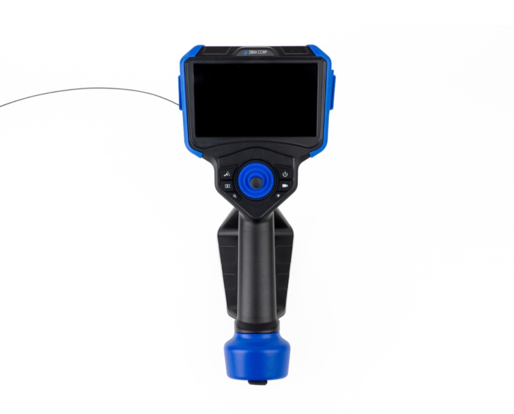 Front view of the EchoFlex handheld articulating videoscope showing the 5.5 inch touchscreen, joystick, and control buttons