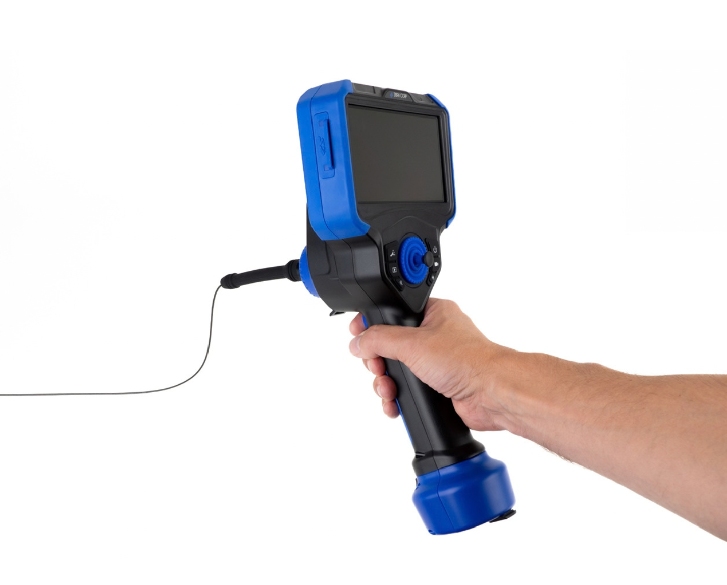 Inspector holding the EchoFlex portable videoscope one-handed with thumb on the articulation joystick