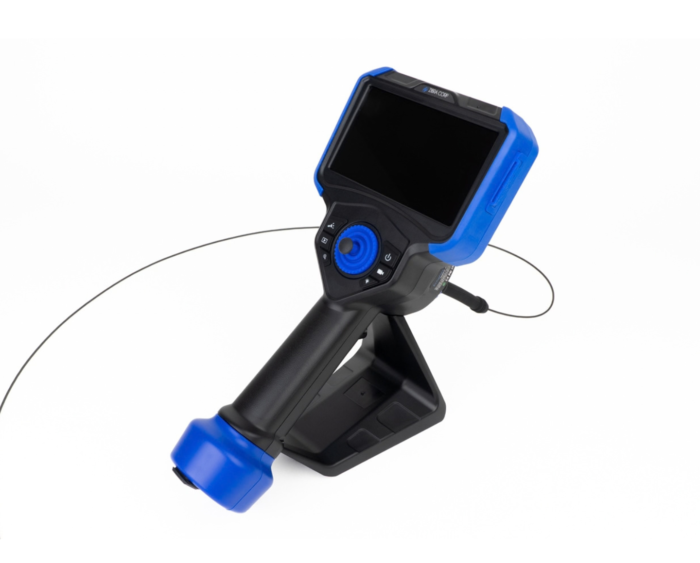 EchoFlex handheld videoscope docked in its base stand with the articulating probe coiled beside it