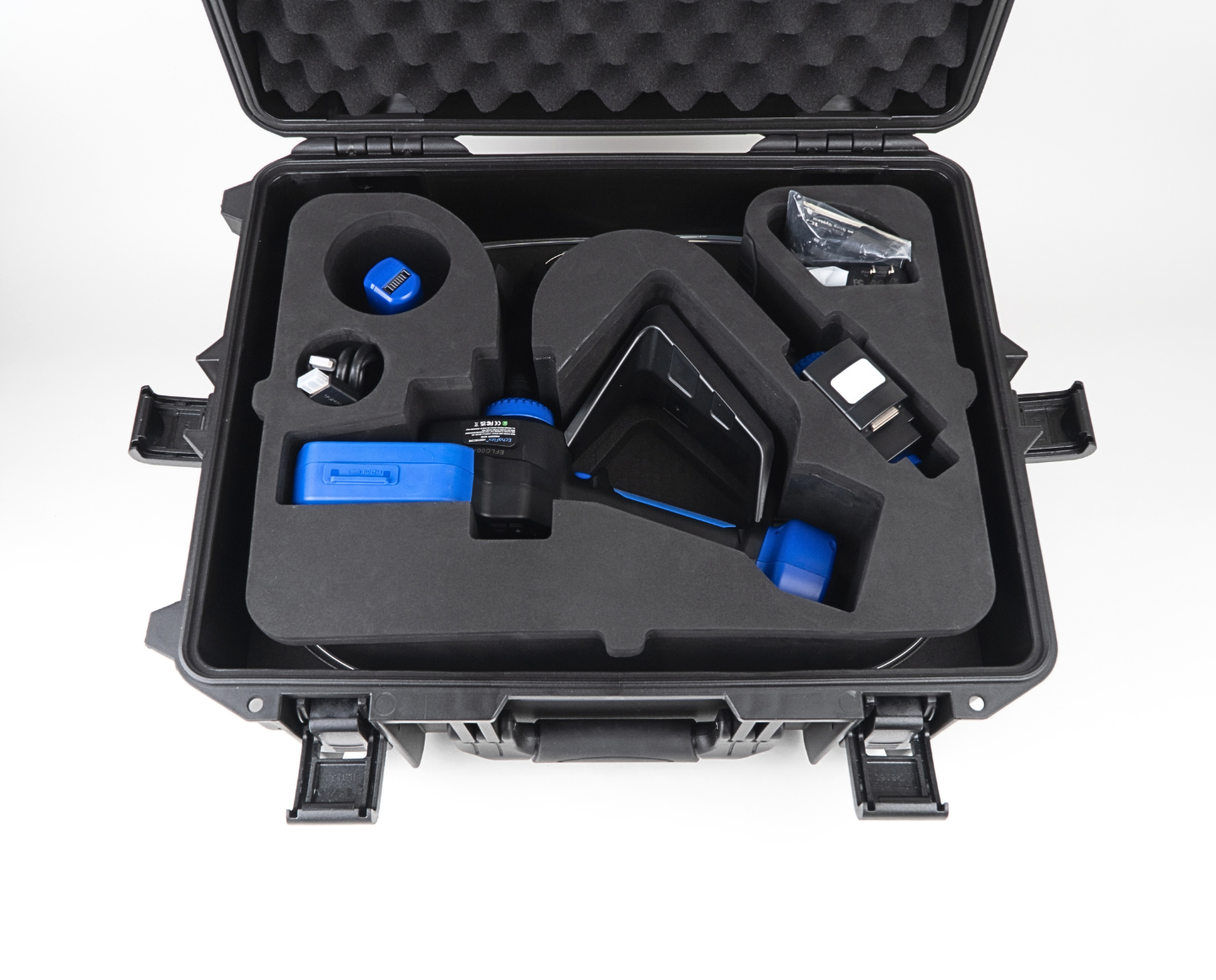 EchoFlex videoscope kit in its hard carrying case with controller, articulating probe, battery, base stand, and charger in foam cutouts