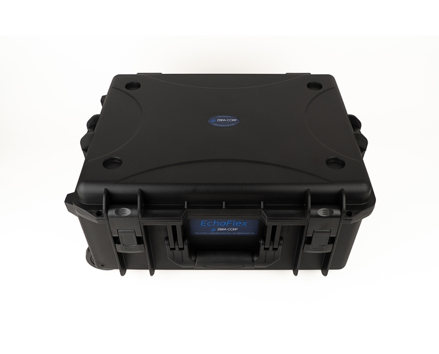 Closed rugged wheeled hard case for the Zibra Corp EchoFlex handheld videoscope system