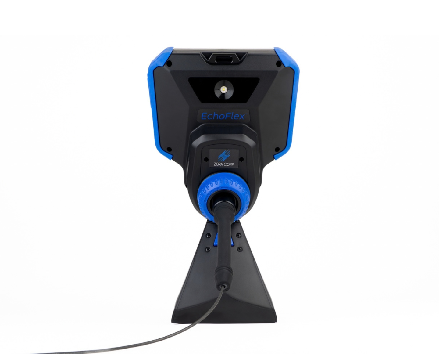 Rear view of the EchoFlex videoscope on its base stand showing the auxiliary LED work light and probe locking ring