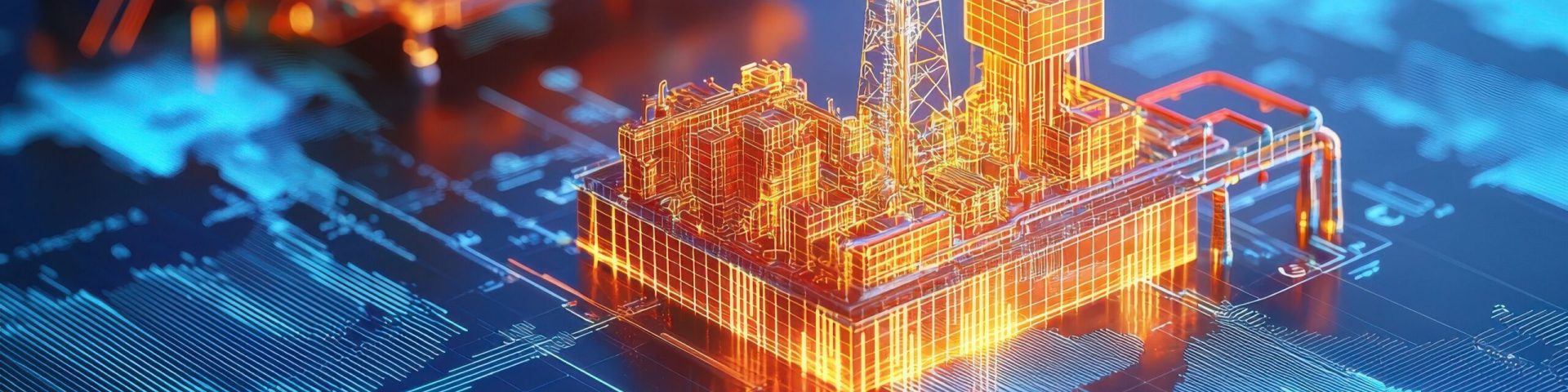 Innovative oil and gas platform model on digital circuit board background, representing energy industry's future and technology.